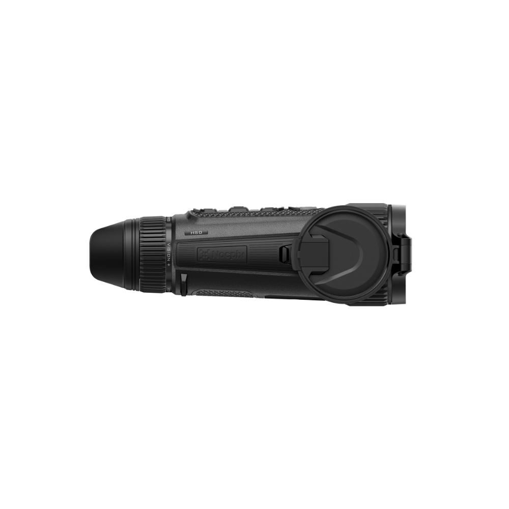 A black thermal monocular device shown from a side view.