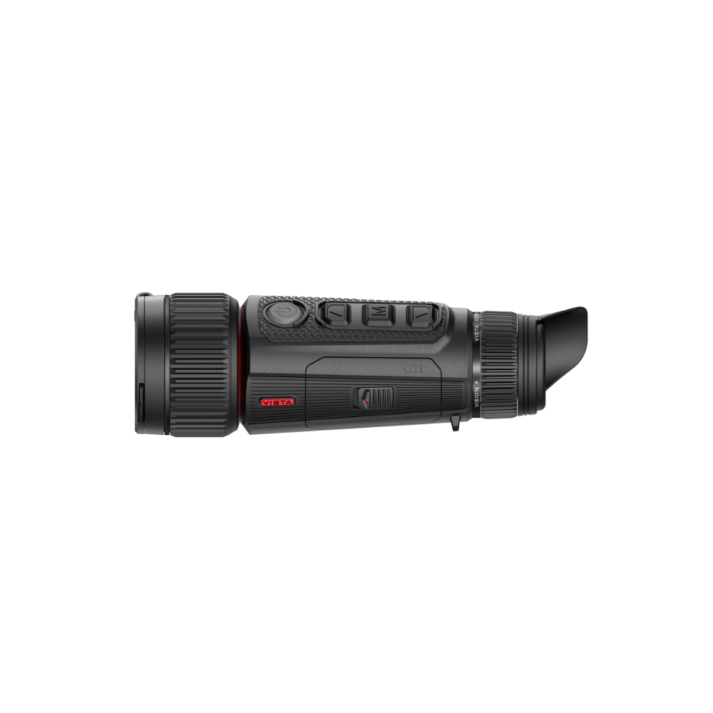 A black thermal imaging monocular device shown from a side profile view. The device features a textured grip, a red 'Vista' logo on the side, and a protective eyepiece.