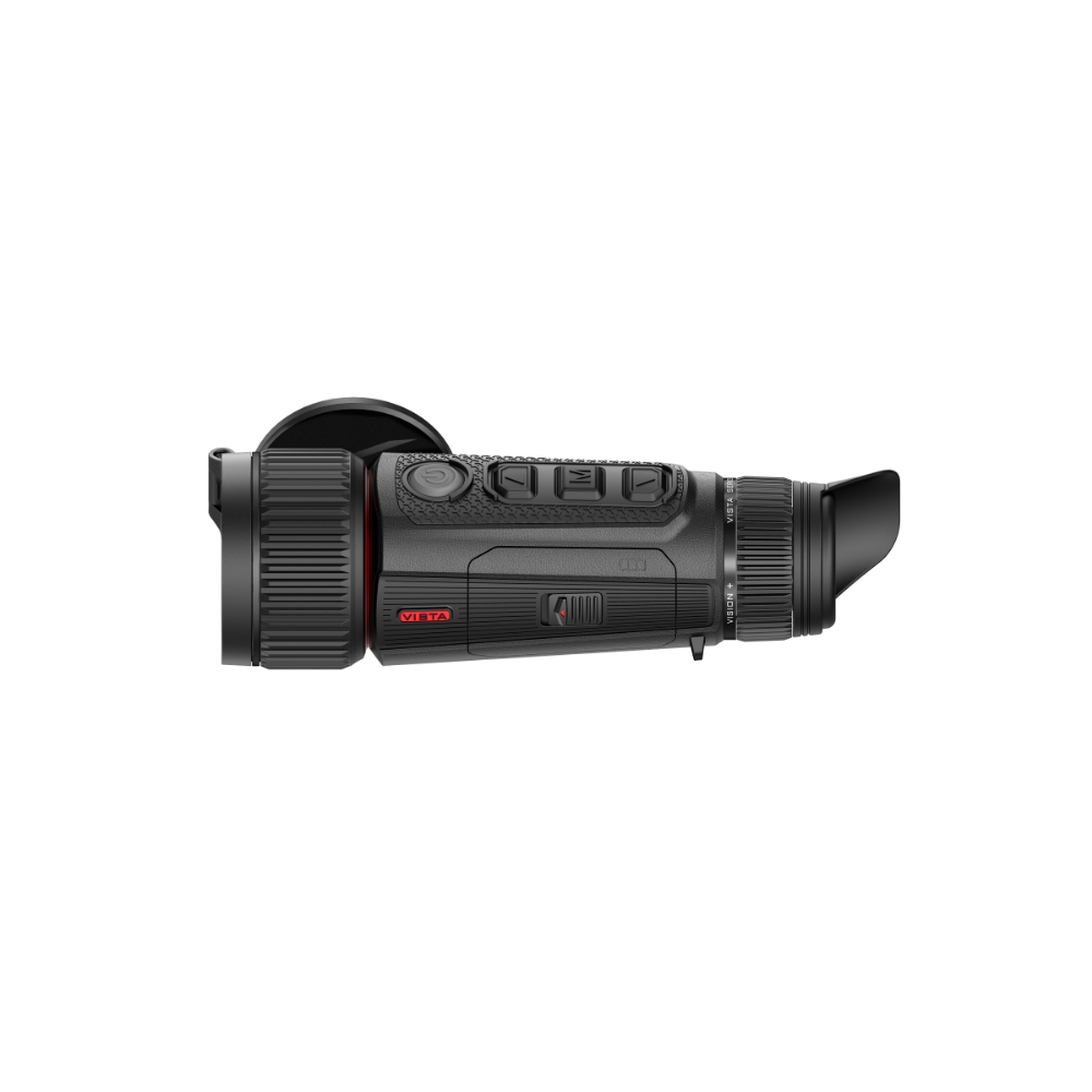 A black thermal monocular device with a textured grip, side buttons, and a red 'Vista' logo, shown from a side profile.