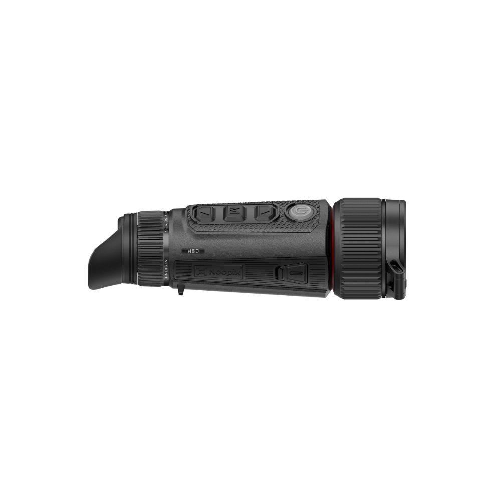 A black thermal monocular device with textured grip details and a red accent ring, shown from a side profile view.