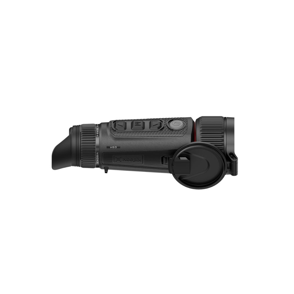 A black thermal imaging monocular with a textured grip and a circular lens cover attached.