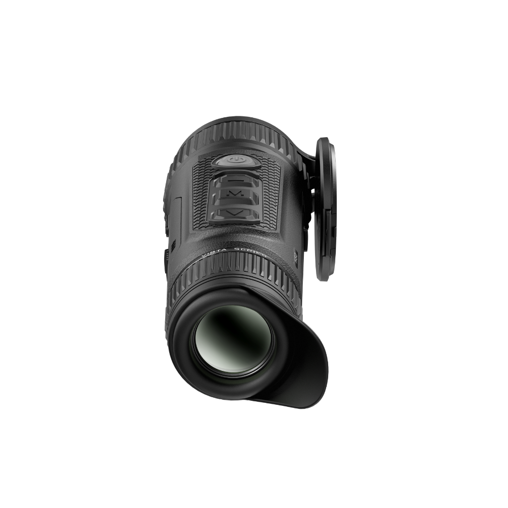 A black thermal monocular device with a matching black protective lens hood, shown from a three-quarters perspective.