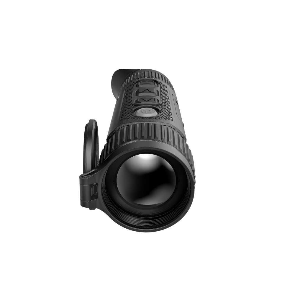 A black thermal monocular with a textured grip, ribbed barrel, and attached protective lens cover.