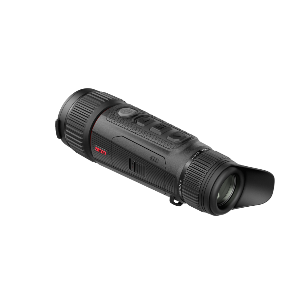 A black thermal monocular device with a rubberized grip, textured control buttons, and a front lens hood.