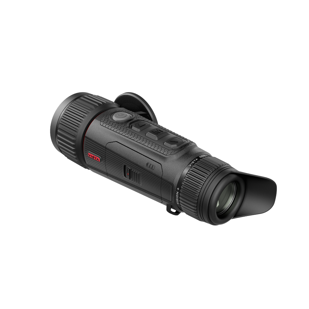 A black thermal monocular device with a red Vista logo on the side, shown at an angle.
