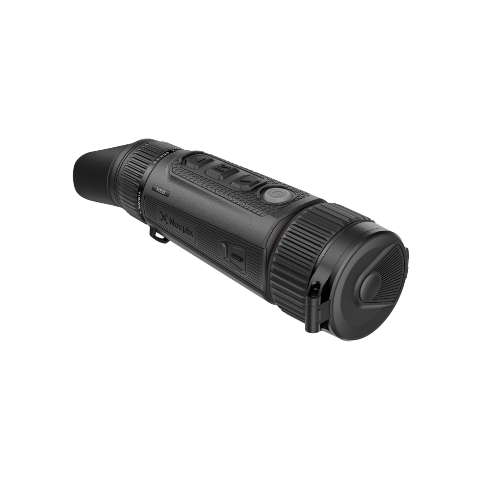 A black Nocpix thermal monocular device shown at a diagonal angle.
