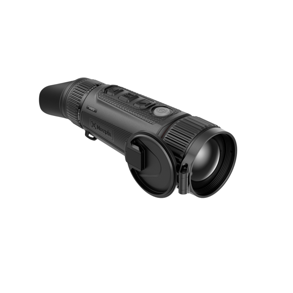 A black thermal monocular device with a textured grip, side buttons, and a protective lens cover.