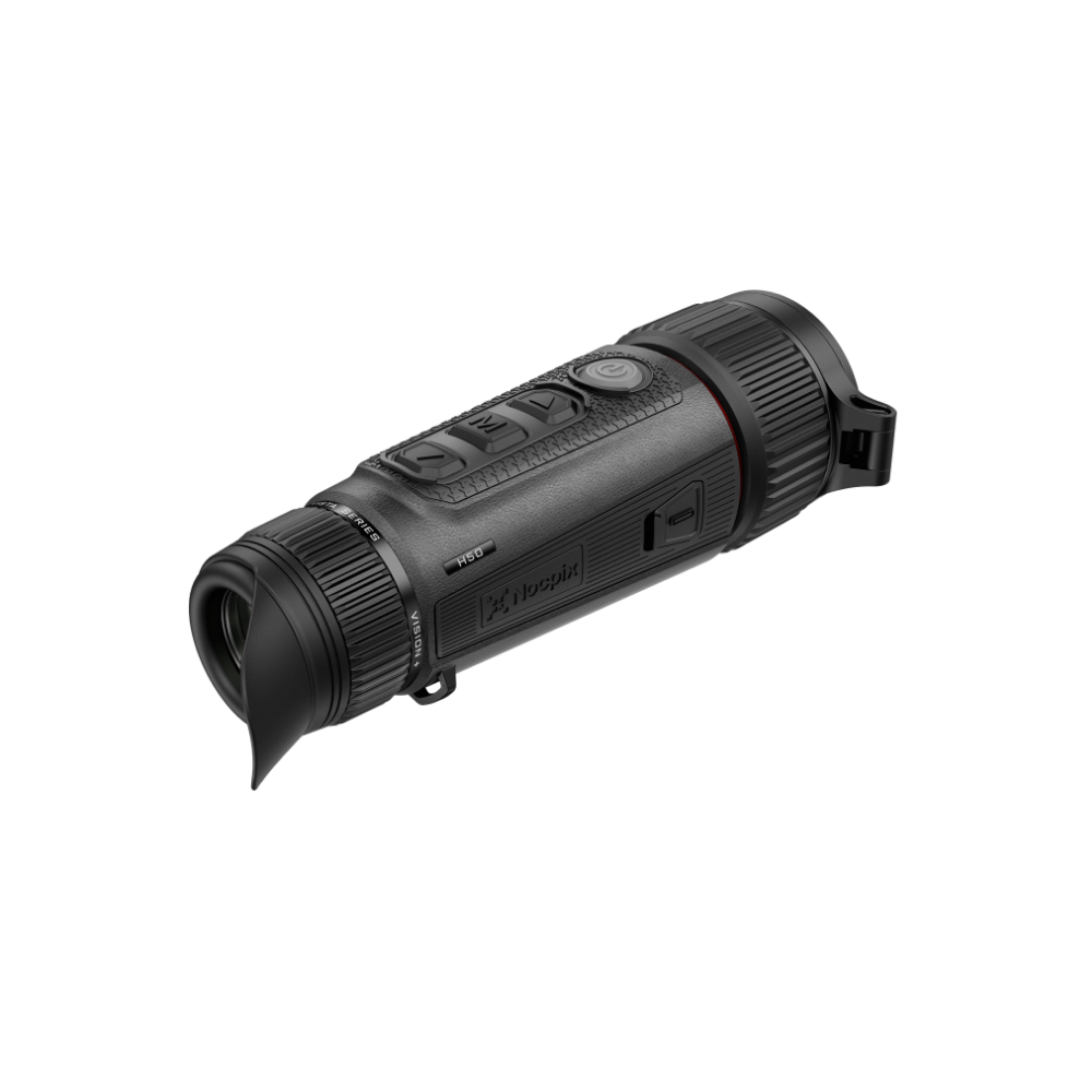 A black thermal imaging monocular with a rubberized eye cup, textured grip.