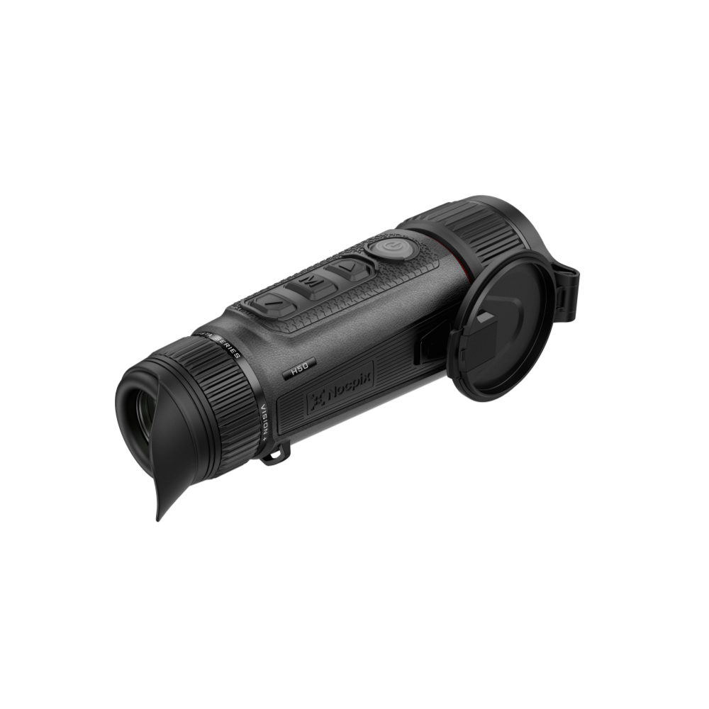 A black thermal imaging monocular device with a textured grip, control buttons, a front lens cover.