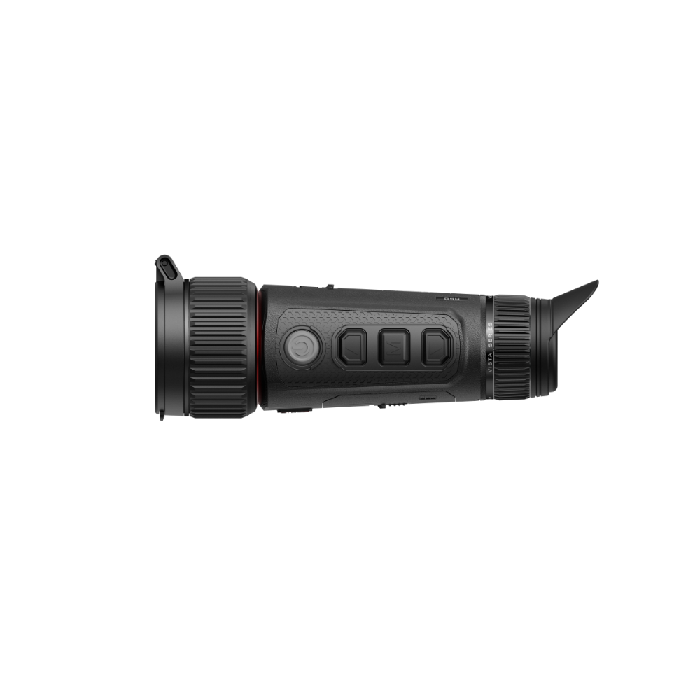 A black thermal monocular device shown from a side profile view.