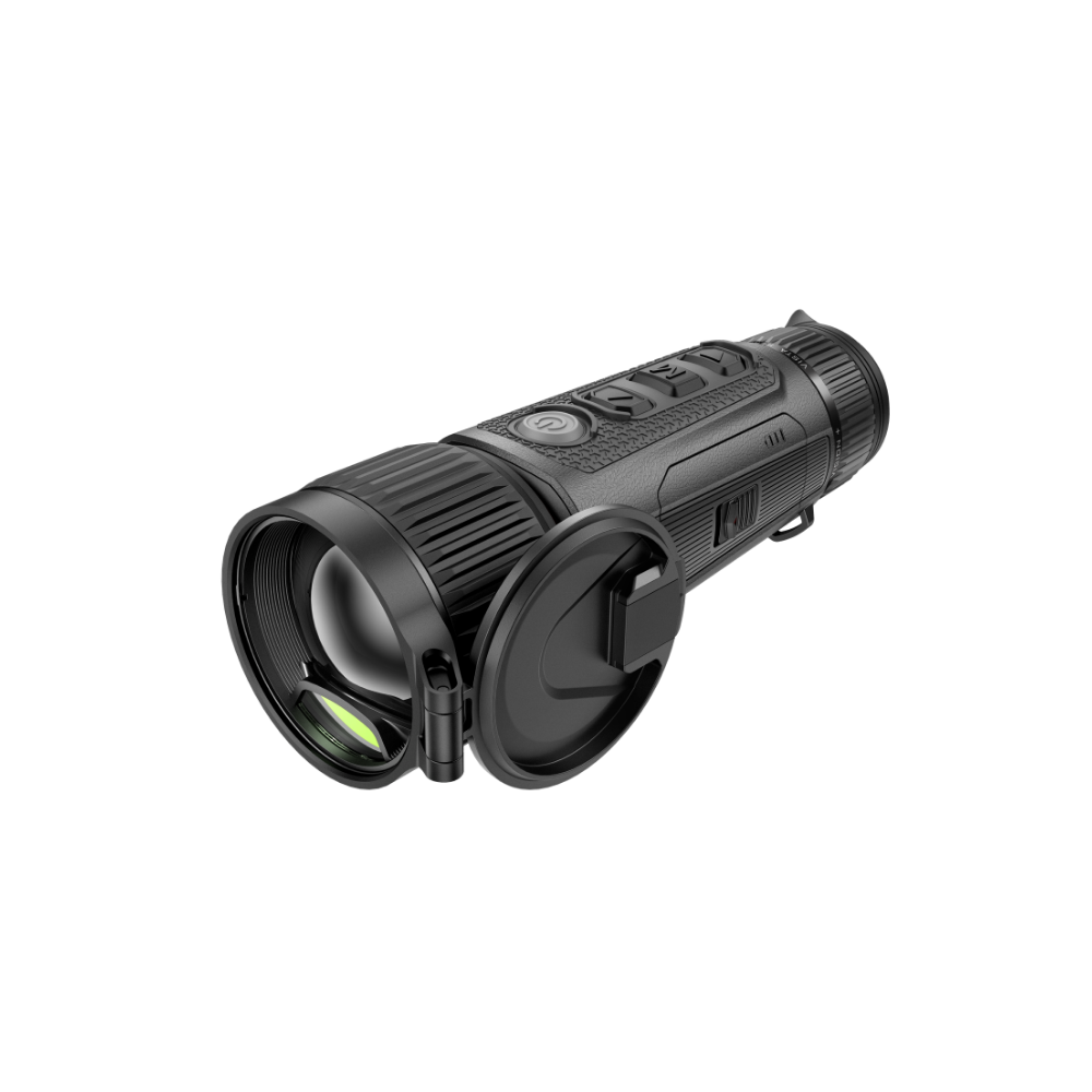 A black thermal monocular device with a large objective lens, textured grip, and side clip.