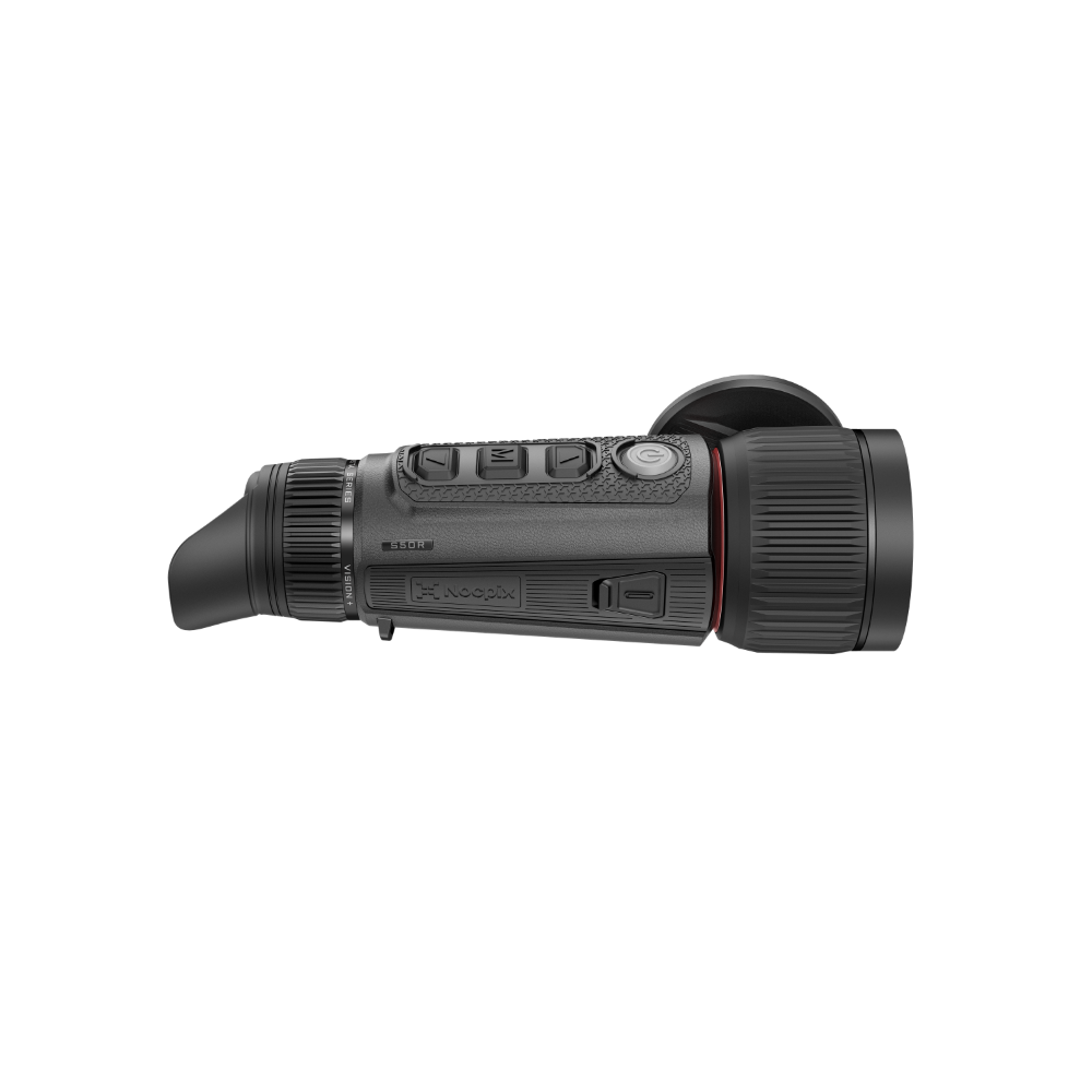A black thermal imaging monocular with a textured grip, side buttons, and a red accent ring, shown from a side profile view.