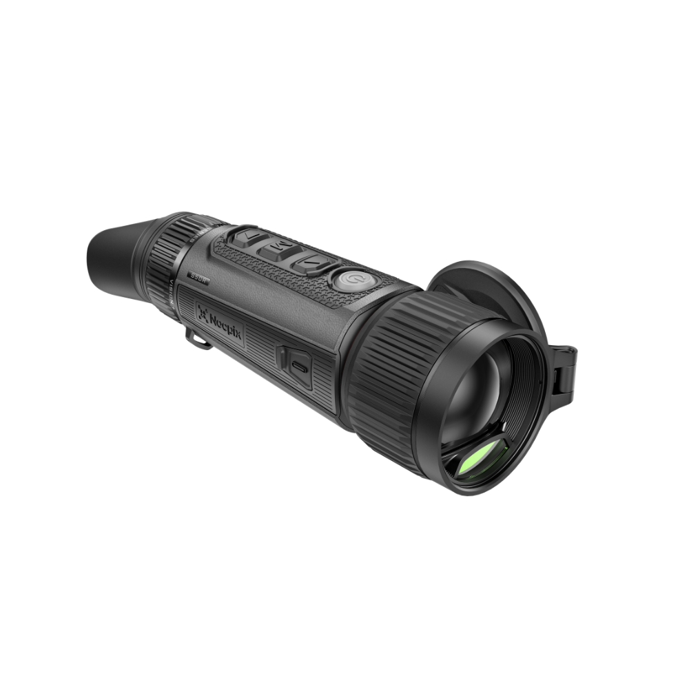 A black thermal monocular device with a protective lens cover, shown at an angle. The brand 'Nocpix' is visible on the side of the device.