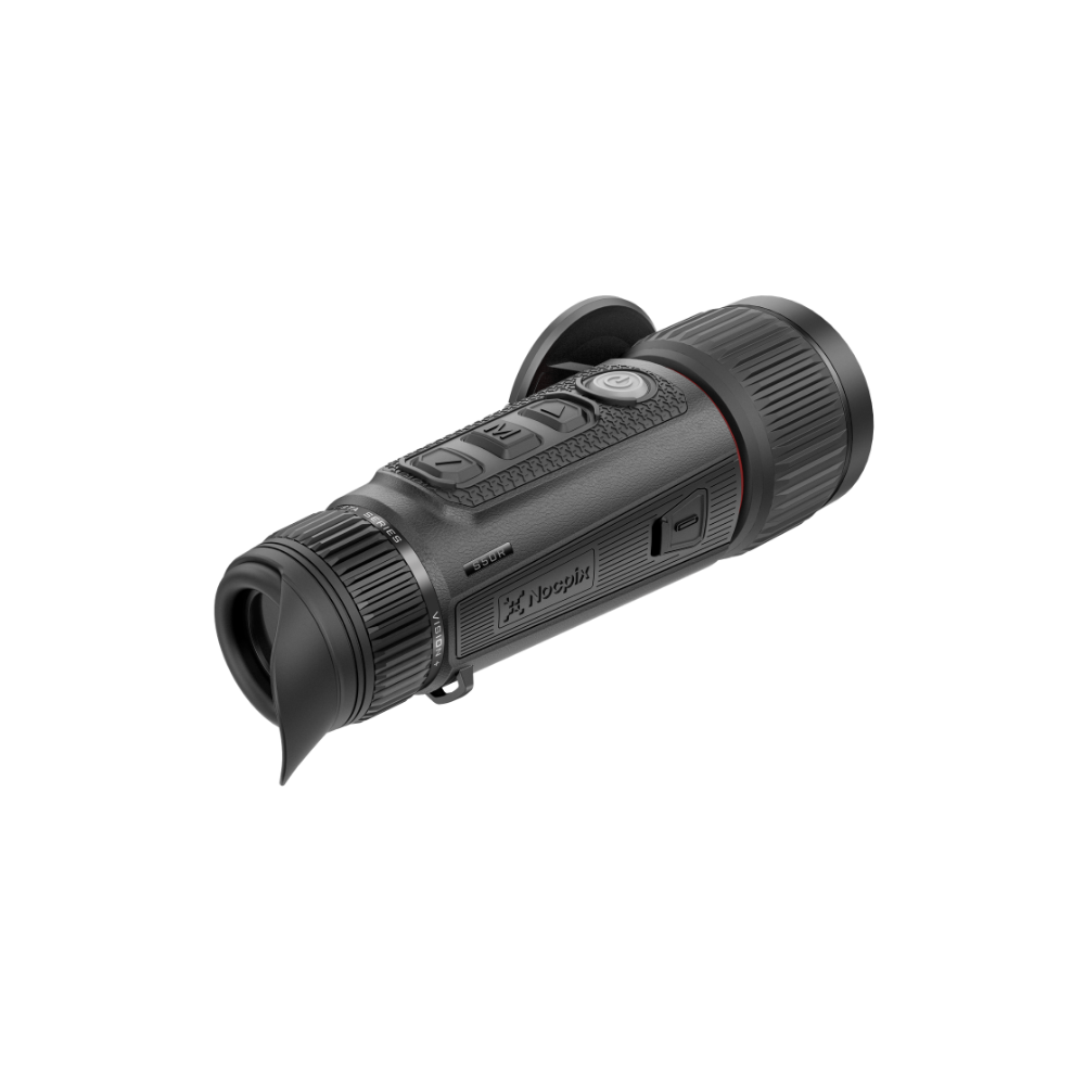 A black thermal monocular device with a rubberized grip, textured controls, and a protective lens flap.