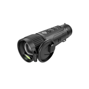 A black thermal monocular with a large objective lens, textured grip, and attached protective cover.