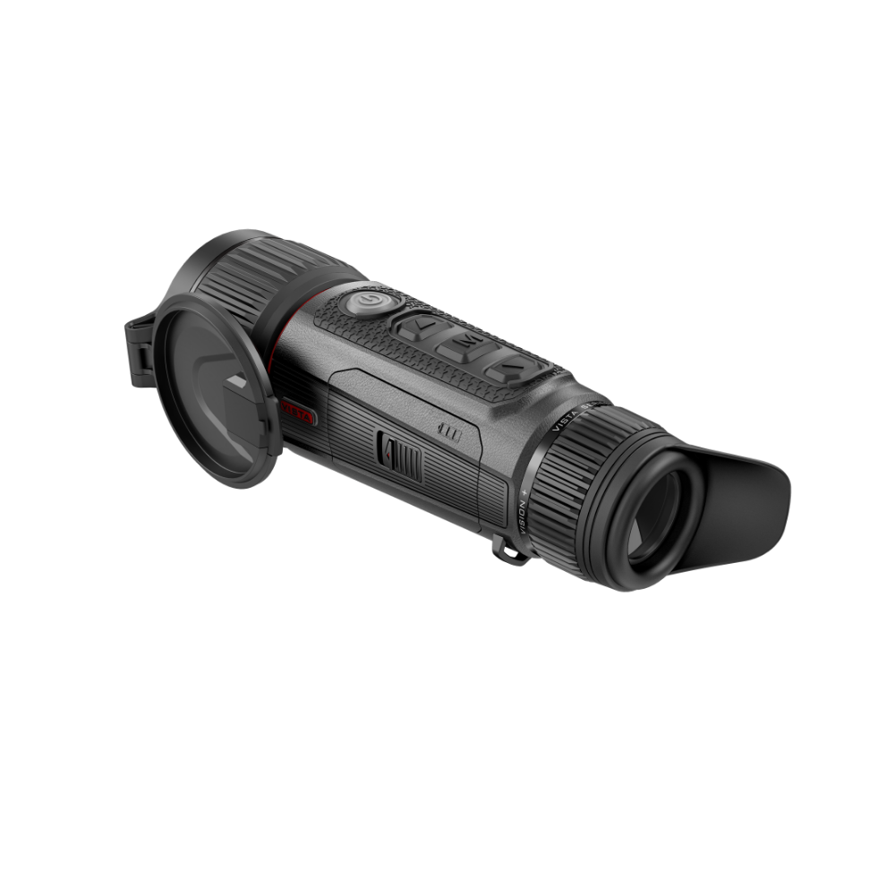 A black thermal monocular device with a side-mounted lens cover and a protective eyepiece.
