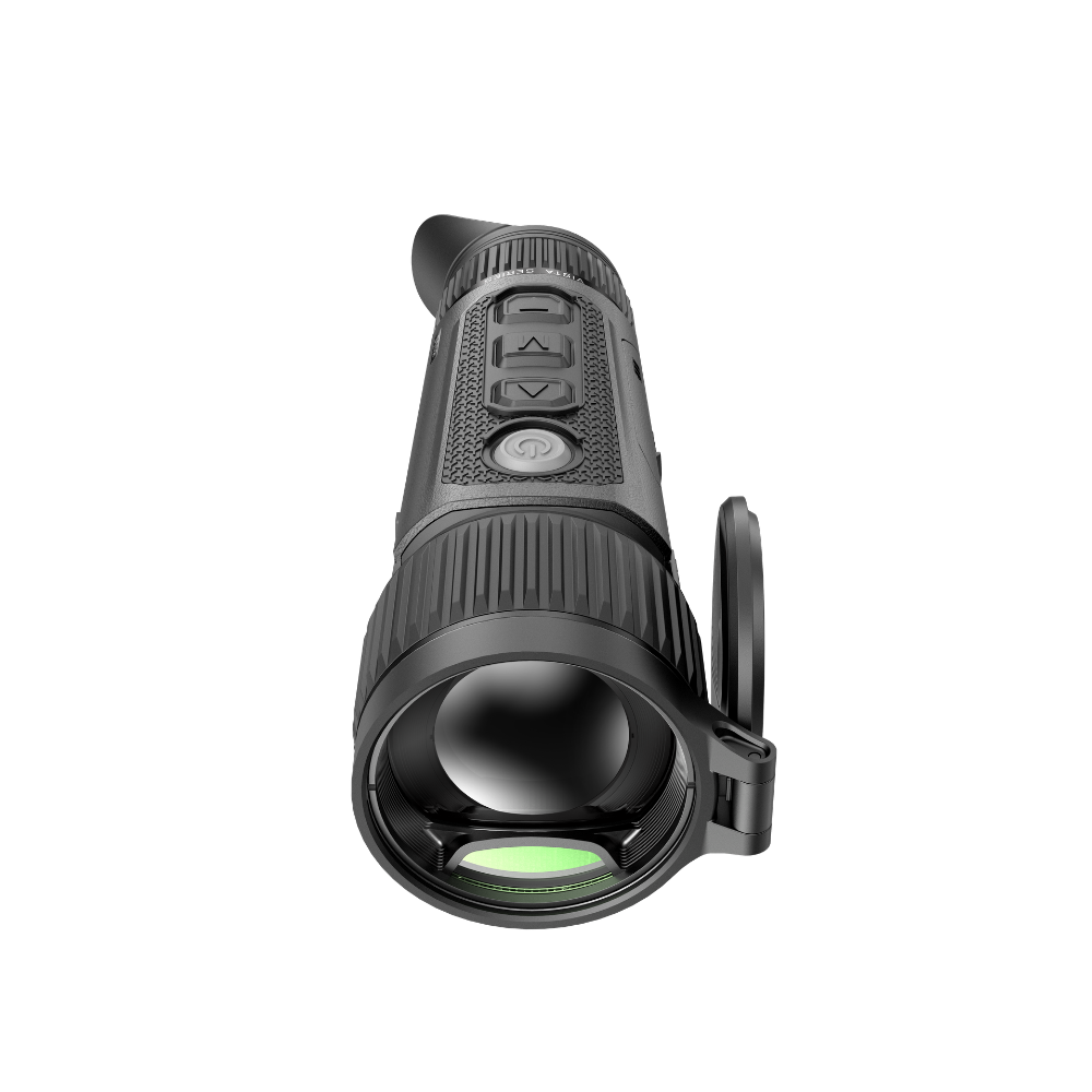 A black thermal monocular device with a flip-up viewfinder and side strap.