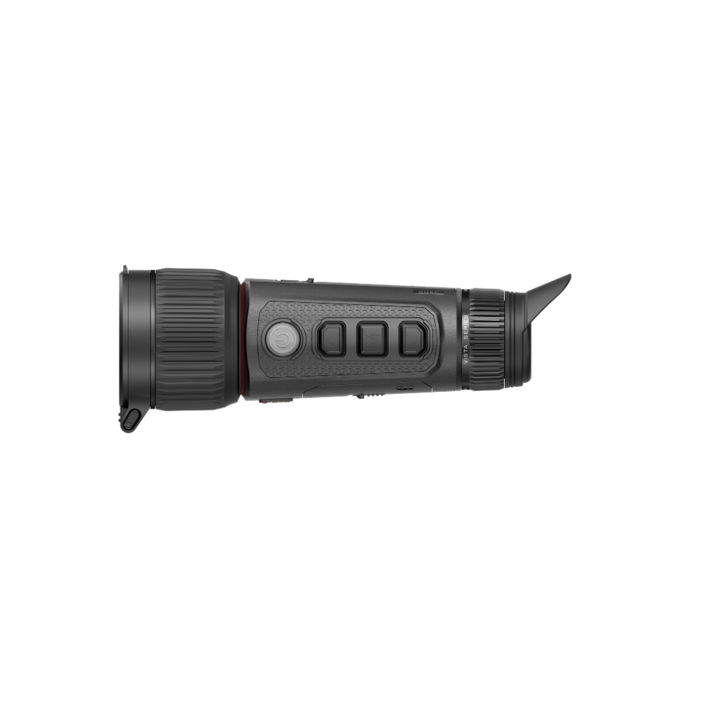 A black thermal monocular device shown from a side profile view.