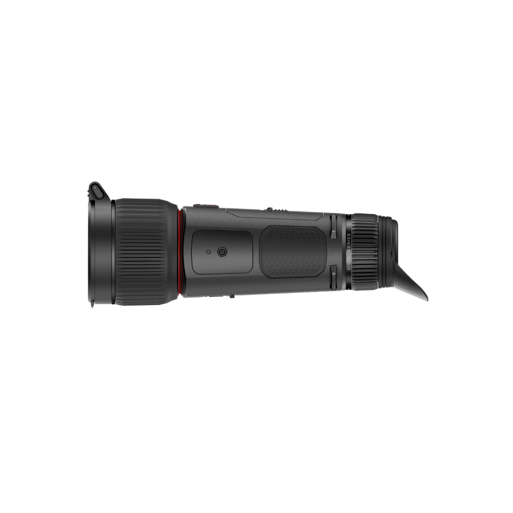 A black thermal monocular device shown from a side profile view.