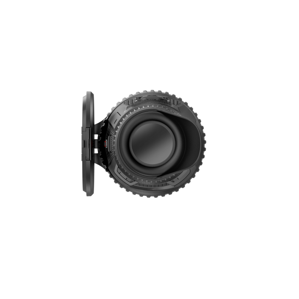 A black thermal monocular device shown from a front profile view.