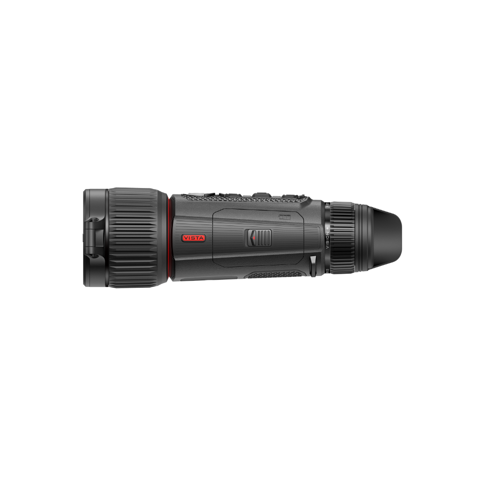 A black thermal imaging monocular device shown horizontally, featuring a textured grip, red accents.