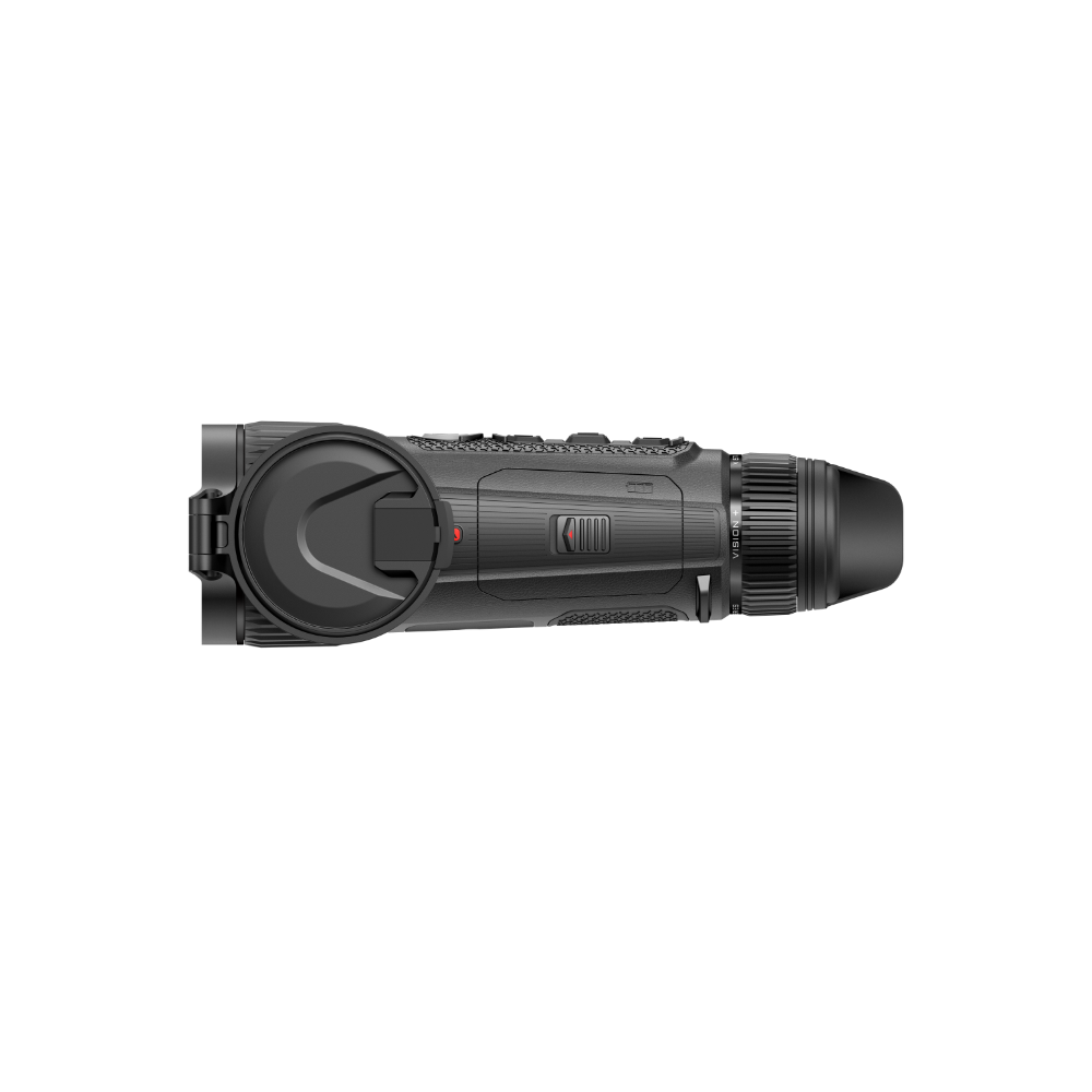 A black thermal monocular with a flip-up lens cover, shown from a side profile view.
