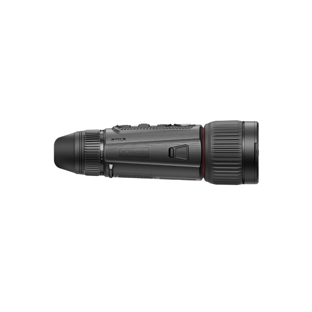 A black monocular device with textured grip buttons and a red accent ring, shown horizontally.