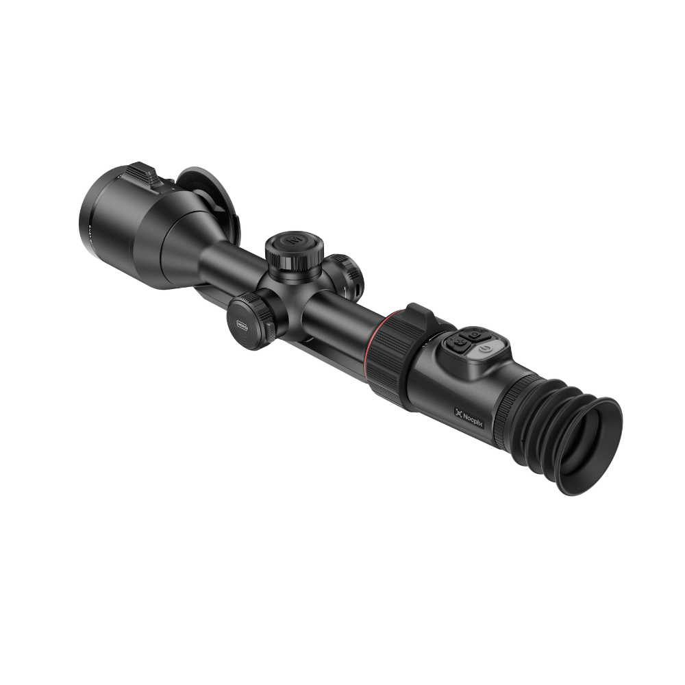 A black thermal rifle scope with a rubber eyepiece and adjustment knobs, shown at an angle.