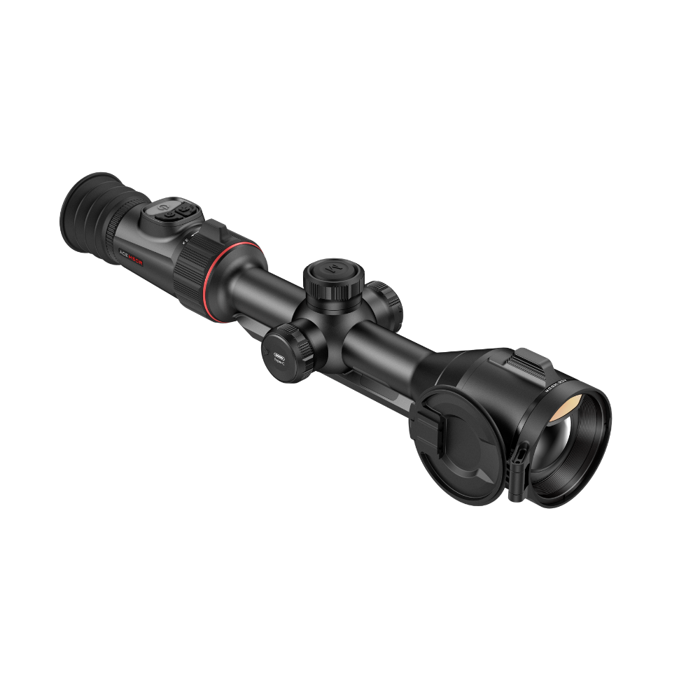 A black thermal rifle scope with red accent rings, shown at a diagonal angle.