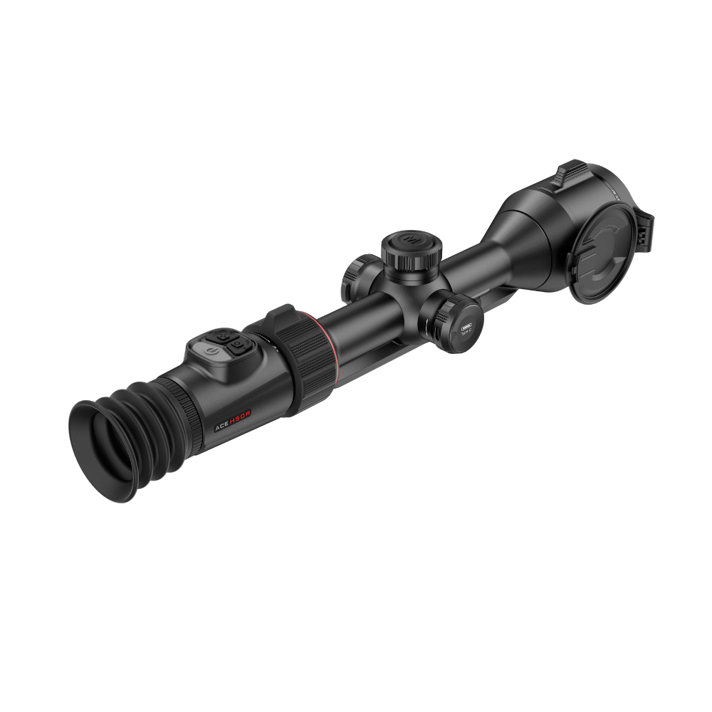 A black thermal rifle scope with a red ring accent and a rubber eyecup, shown at an angle.