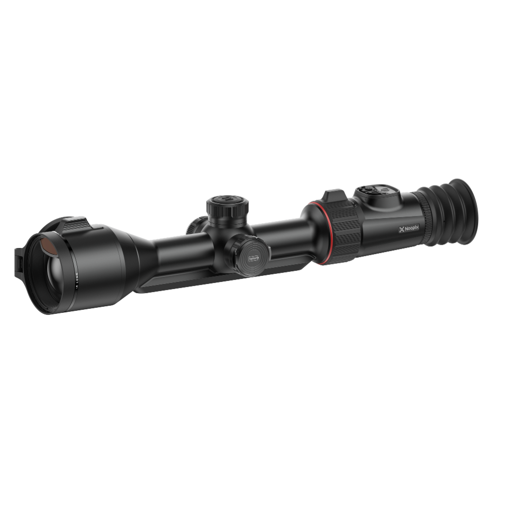 A black thermal rifle scope with a red accent ring, shown in side profile.