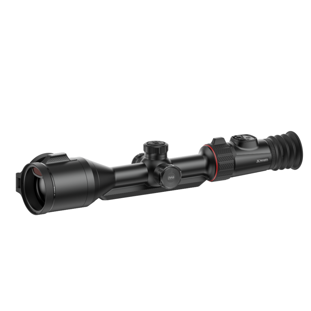 A black thermal rifle scope with red accent rings, shown at a three-quarter angle.