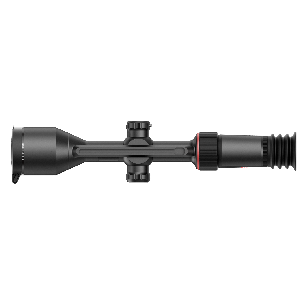 A black thermal rifle scope with a red accent ring, shown horizontally.
