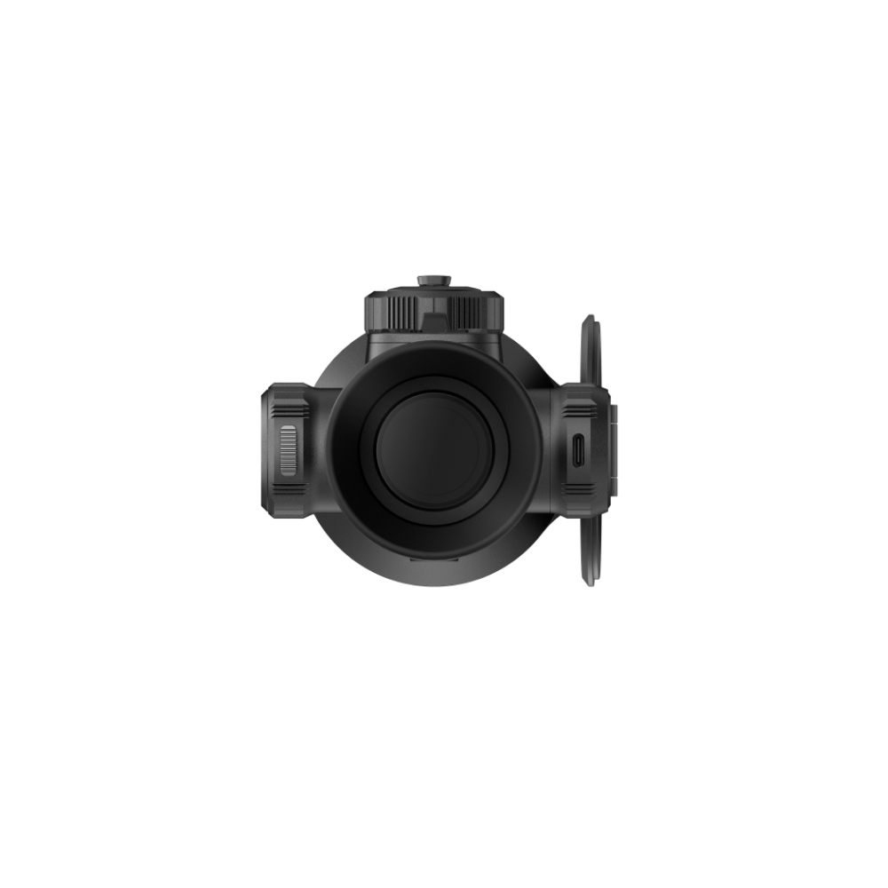 A black thermal rifle scope shown from front.