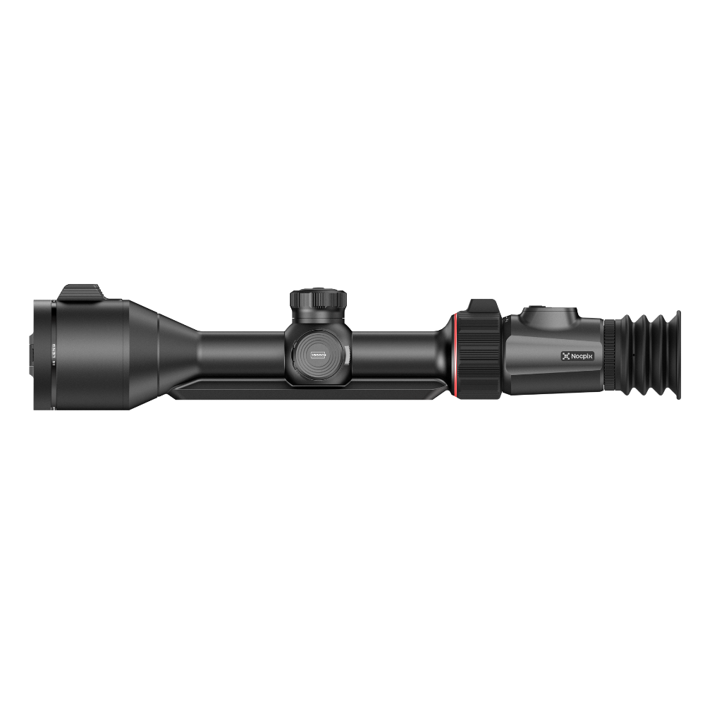 A black thermal rifle scope with a red accent ring, shown horizontally.