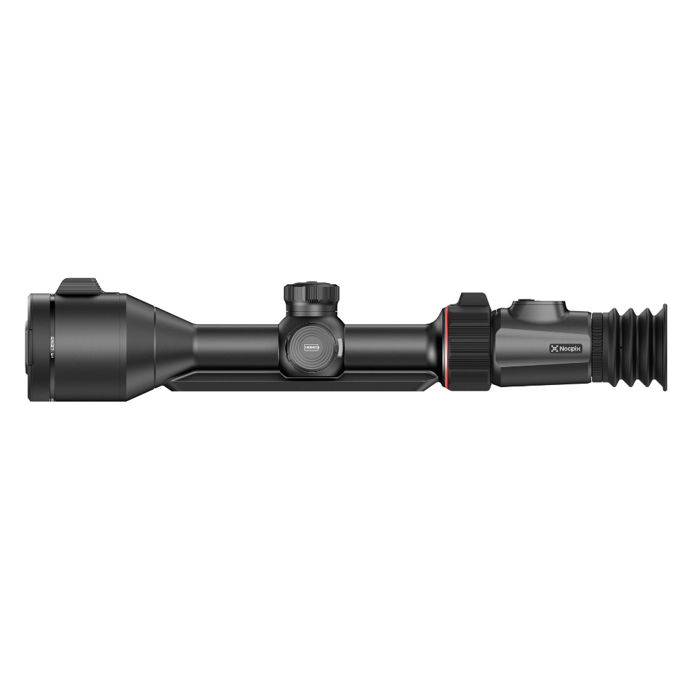 A black thermal rifle scope with a red accent ring, shown in a side profile view . The scope features a textured rubber eyecup and a central adjustment turret.