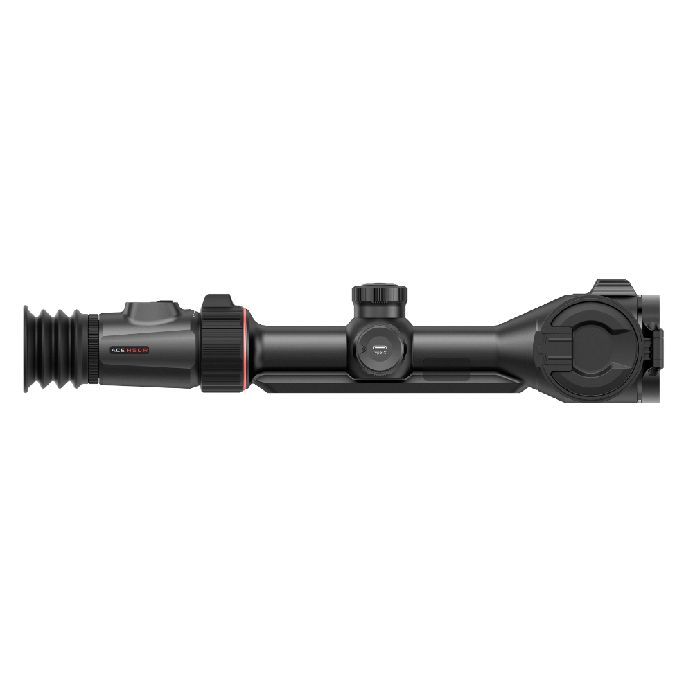 A black thermal rifle scope with a red accent ring, shown in side profile.