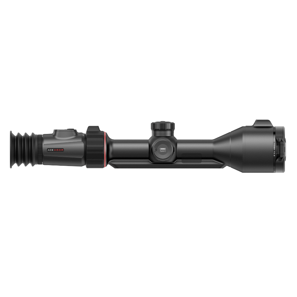 A black thermal rifle scope with a red accent ring, shown in side profile.