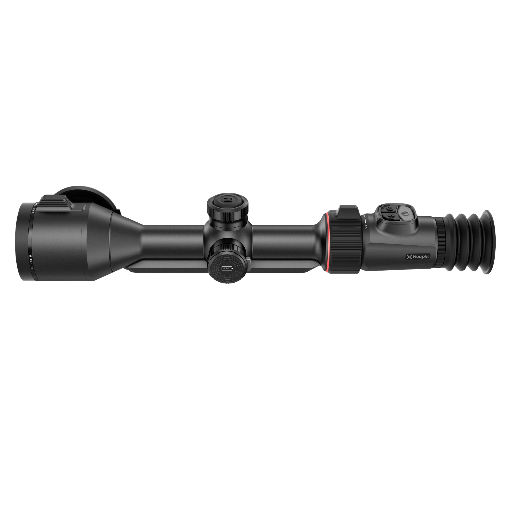 A black thermal rifle scope with a red accent ring, shown in side profile.