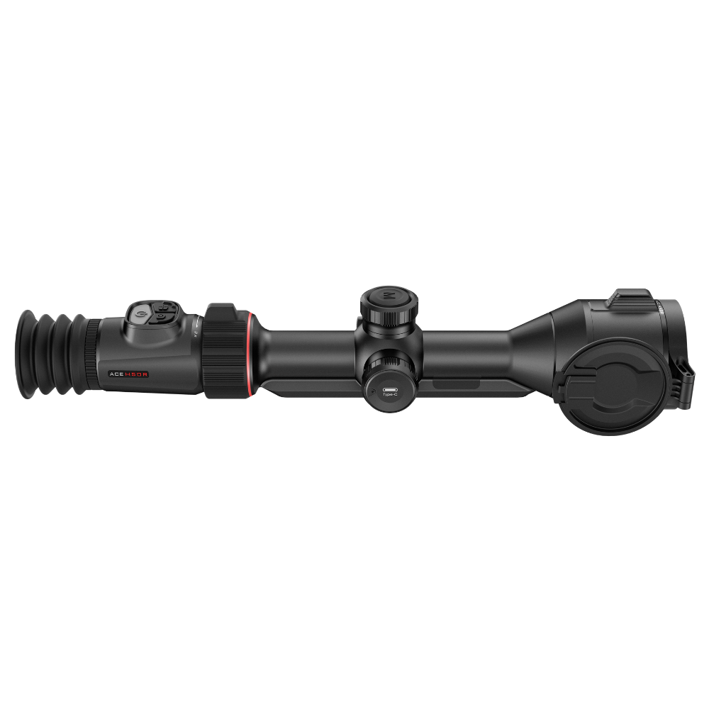 A black tactical rifle scope with a red accent ring, shown in a side profile view.