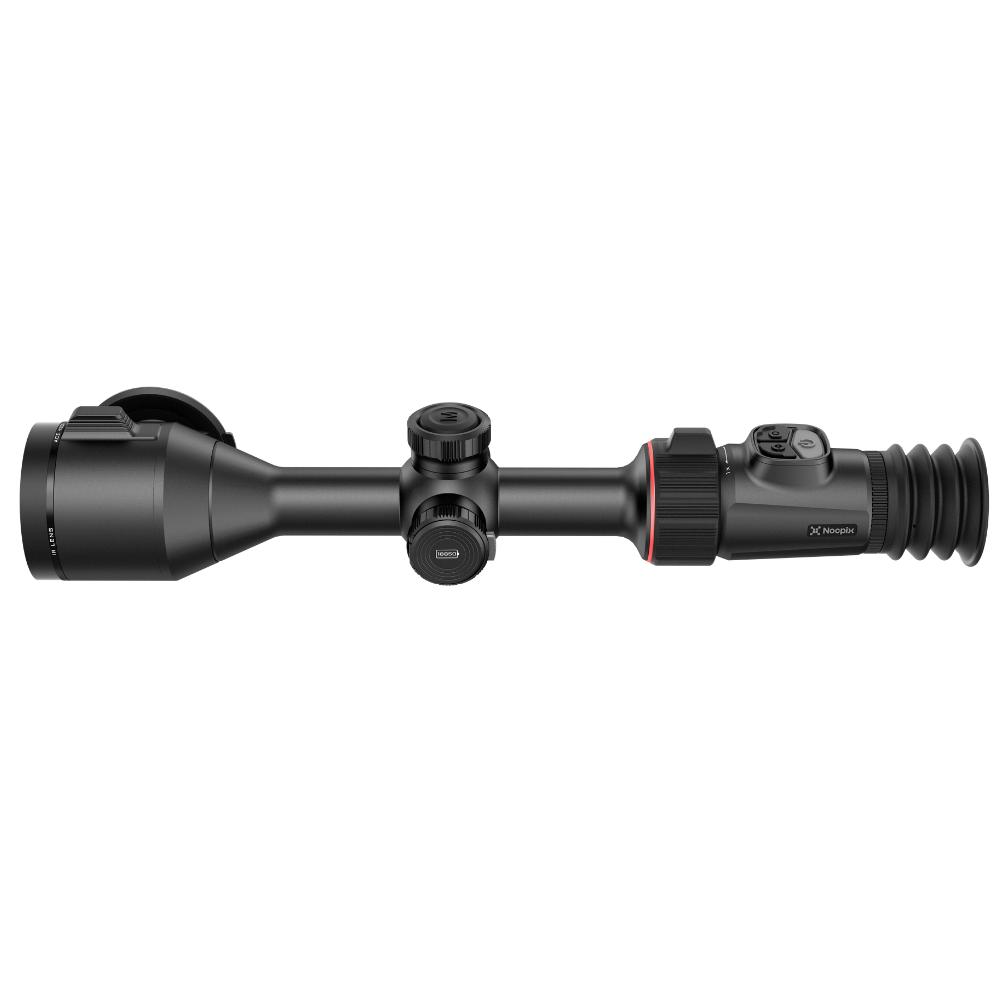 A black thermal rifle scope with a flip-down eyepiece cover, shown at a side angle.