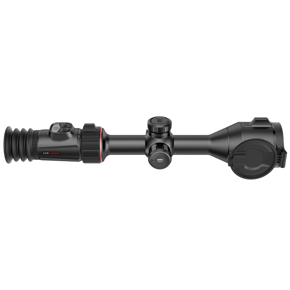 A black thermal rifle scope with red and white markings, shown horizontally.