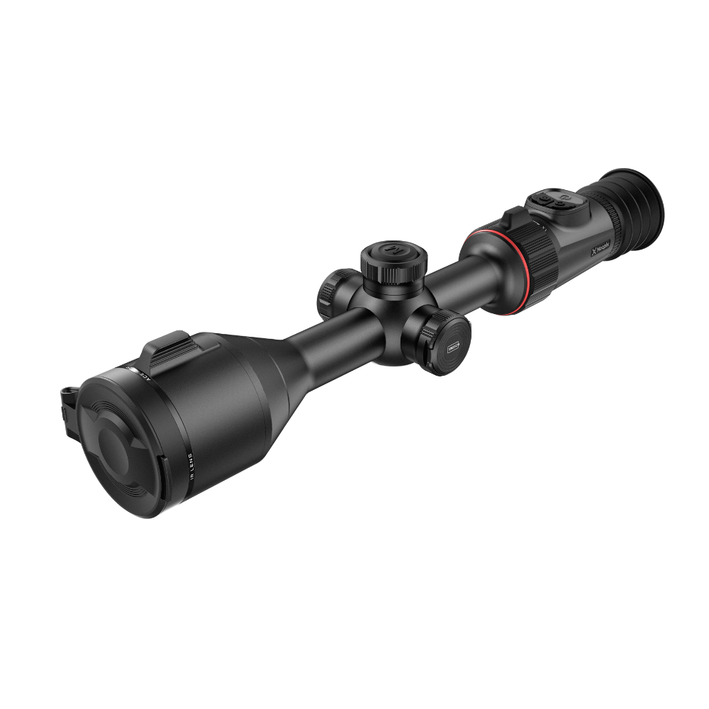 A black thermal rifle scope with a flip-down eyepiece cover, shown at a diagonal angle.