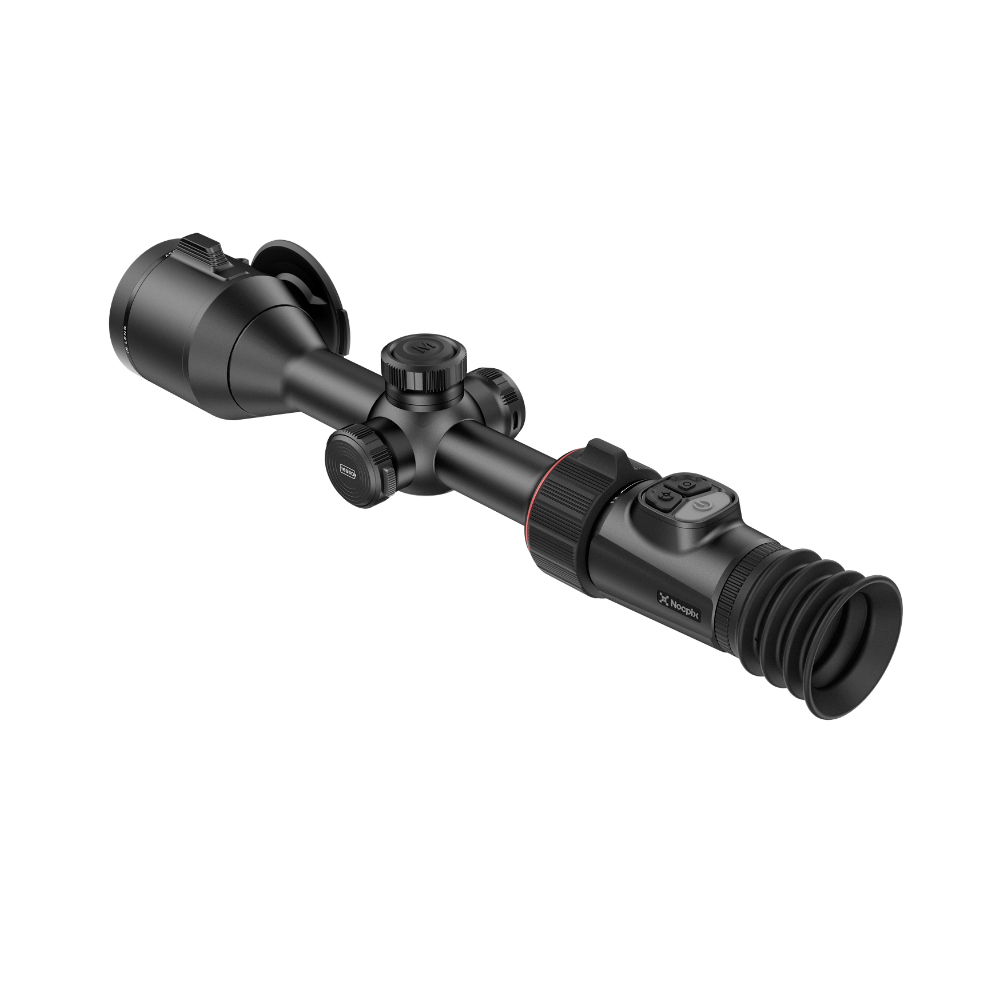 A black thermal rifle scope with a red accent ring, shown at an angle.