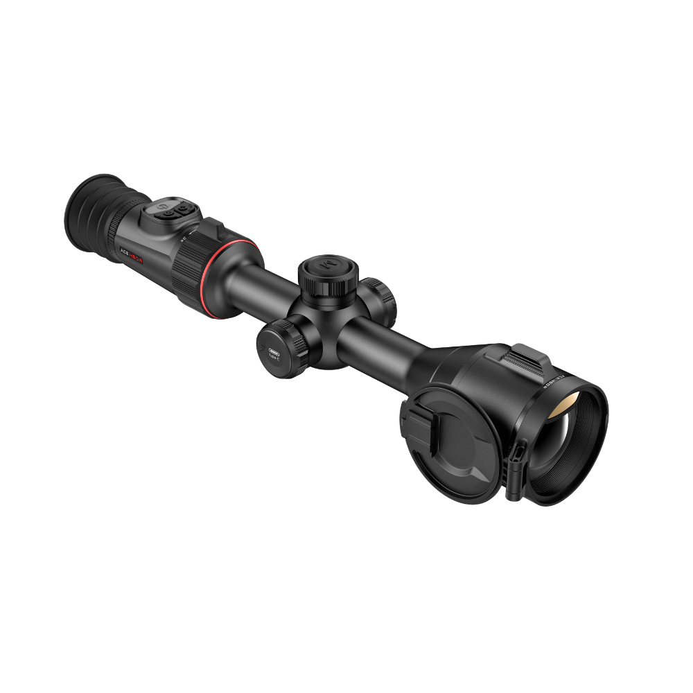 A black thermal rifle scope with red accents, shown at a diagonal angle.