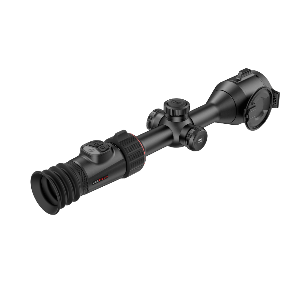 A black thermal imaging scope with a rubber eyepiece and adjustment knobs, shown at an angle.