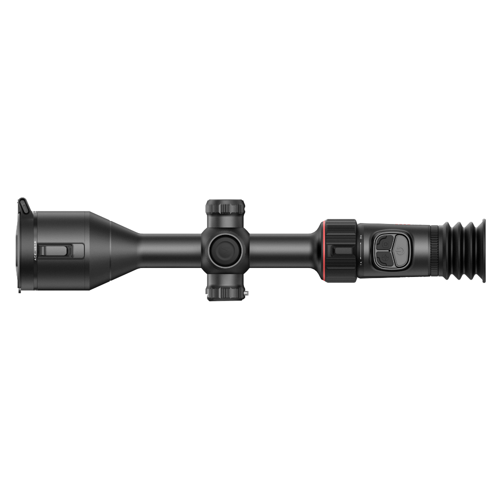 A black thermal rifle scope with a flip-down eyepiece cover, shown at a side angle.