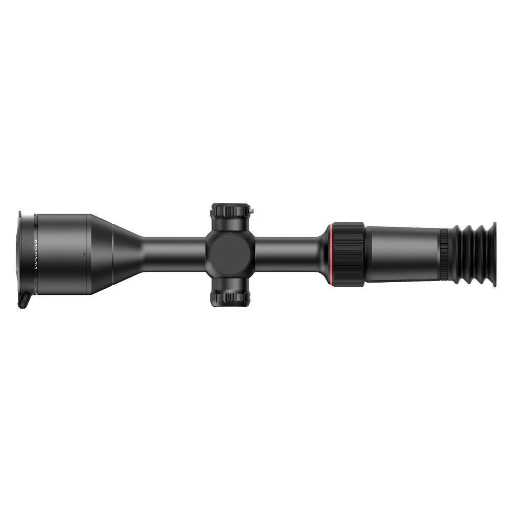 A black rifle scope with a textured rubber eyepiece and a red accent ring, shown horizontally.