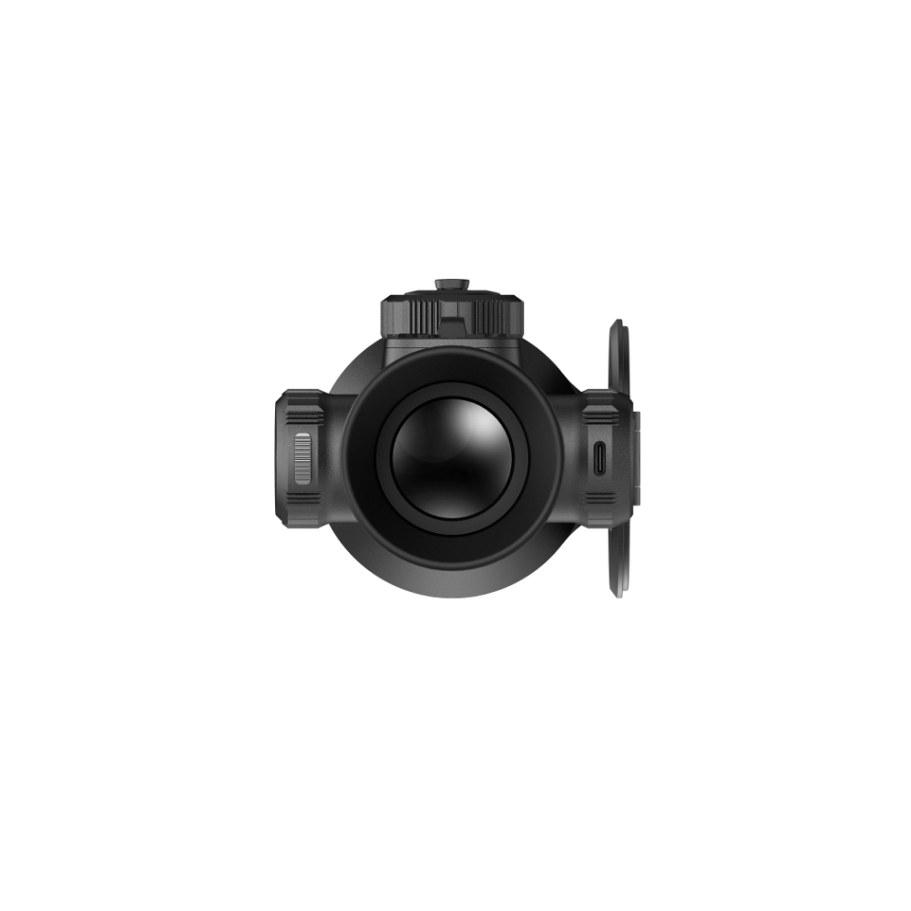 A black tactical rifle scope with a side accessory attached, shown from a top-down perspective.