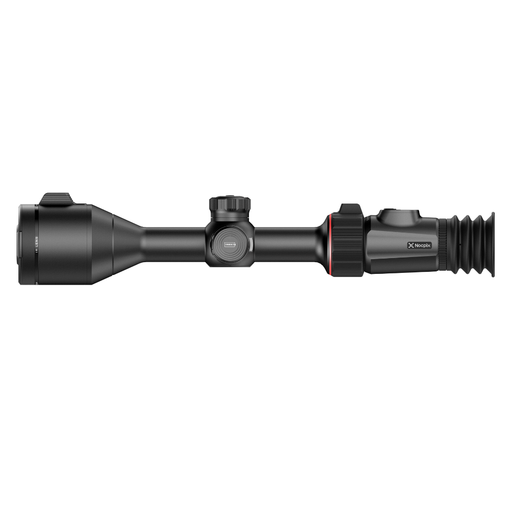 A black thermal rifle scope with a flip-down eyepiece cover, shown at a side angle.